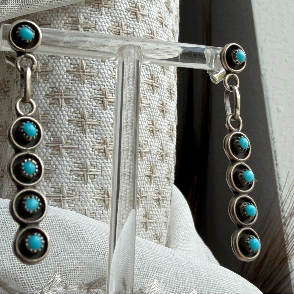 Native American Zuni Five Petit Point Turquoise Stones Set Sterling Earrings